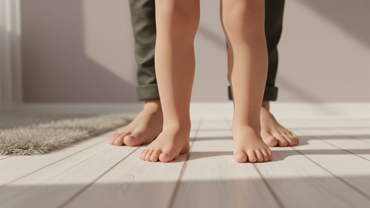 Young child's bare feet with flexible flat arches standing on a wooden floor