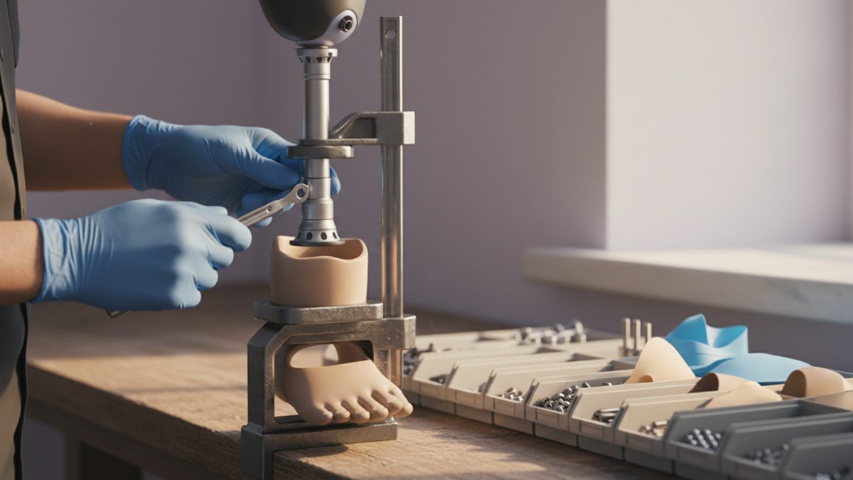 Prosthetist servicing a prosthetic leg on a workshop bench