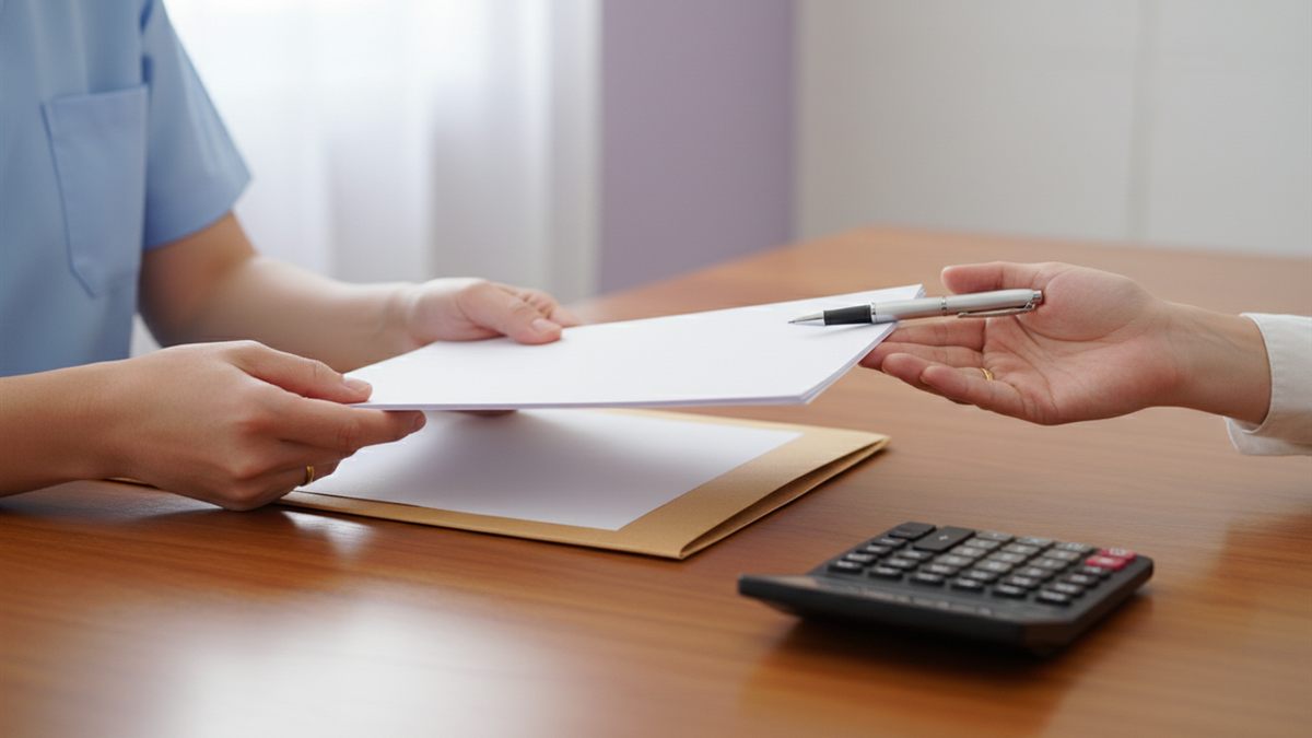Clinician and patient completing medical aid funding paperwork at a consultation desk