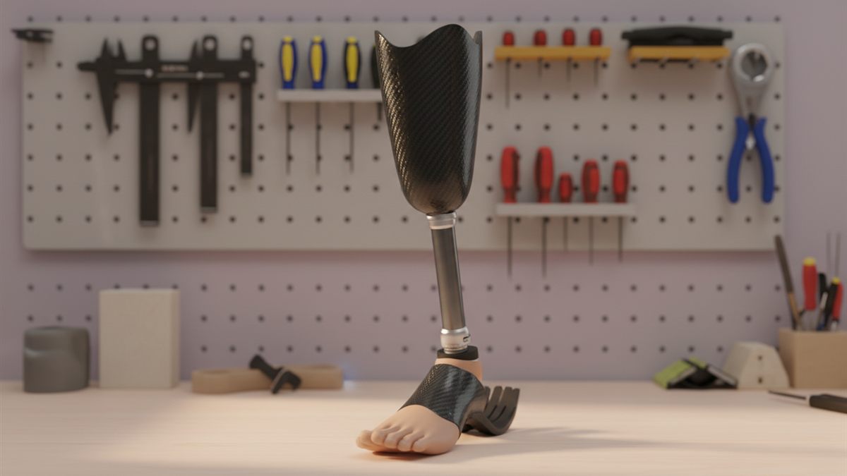 Below-knee prosthetic leg with carbon-fibre socket and titanium pylon on a prosthetics workbench