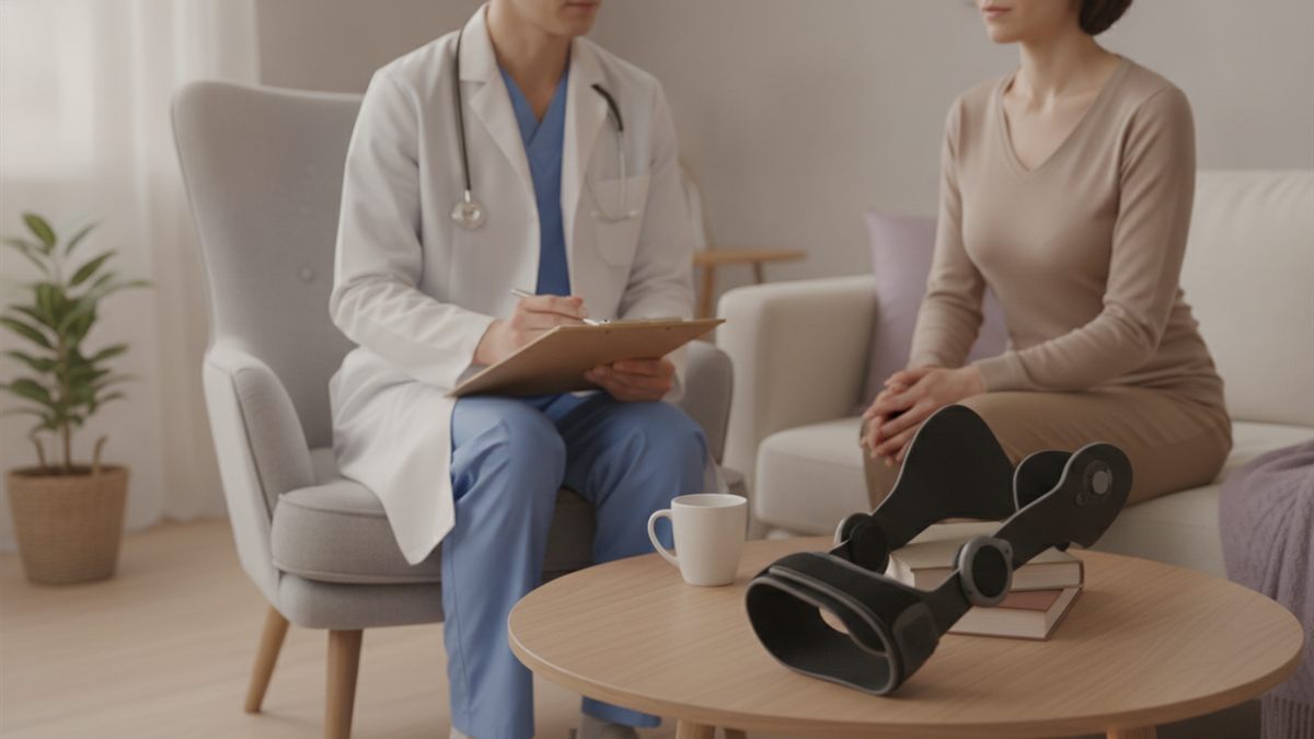 Orthotist with a clipboard consulting a patient during a home visit assessment