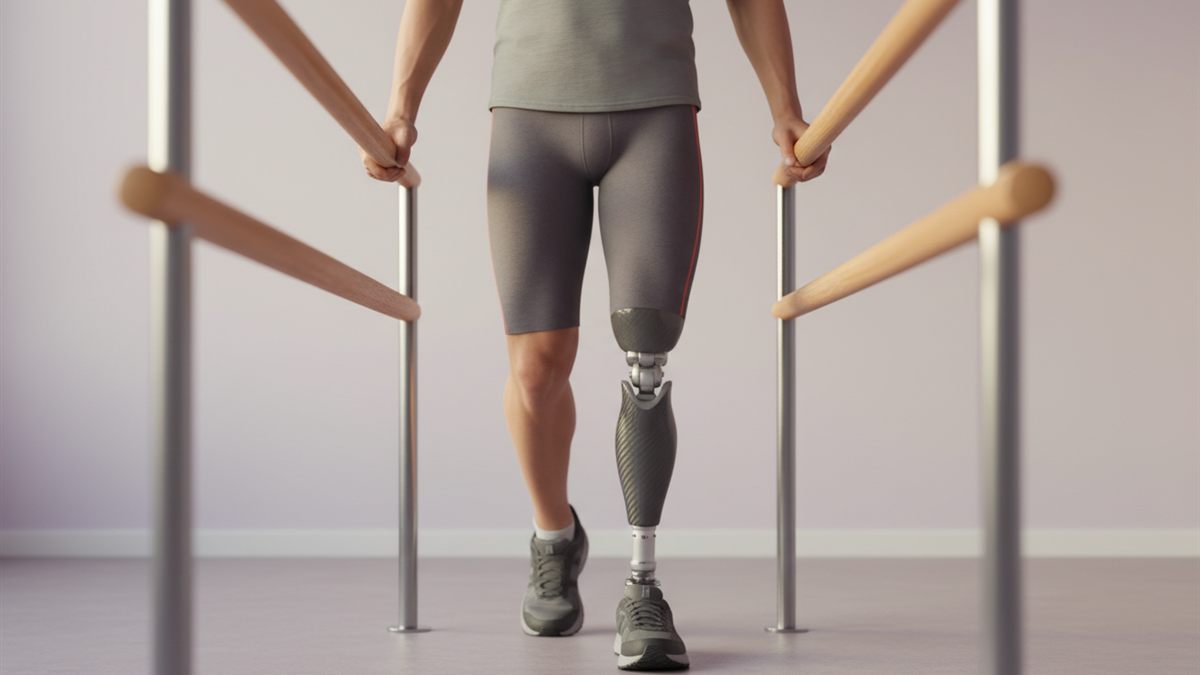 Person walking between parallel bars on a below-knee prosthetic leg during physiotherapy